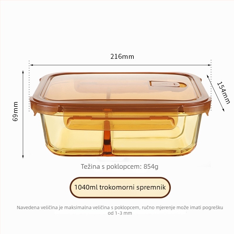 Jantarna staklena kutija za obrok, mikrovalna pećnica kompatibilna, zatvorena, 800-1000 ml, za ured i školu
