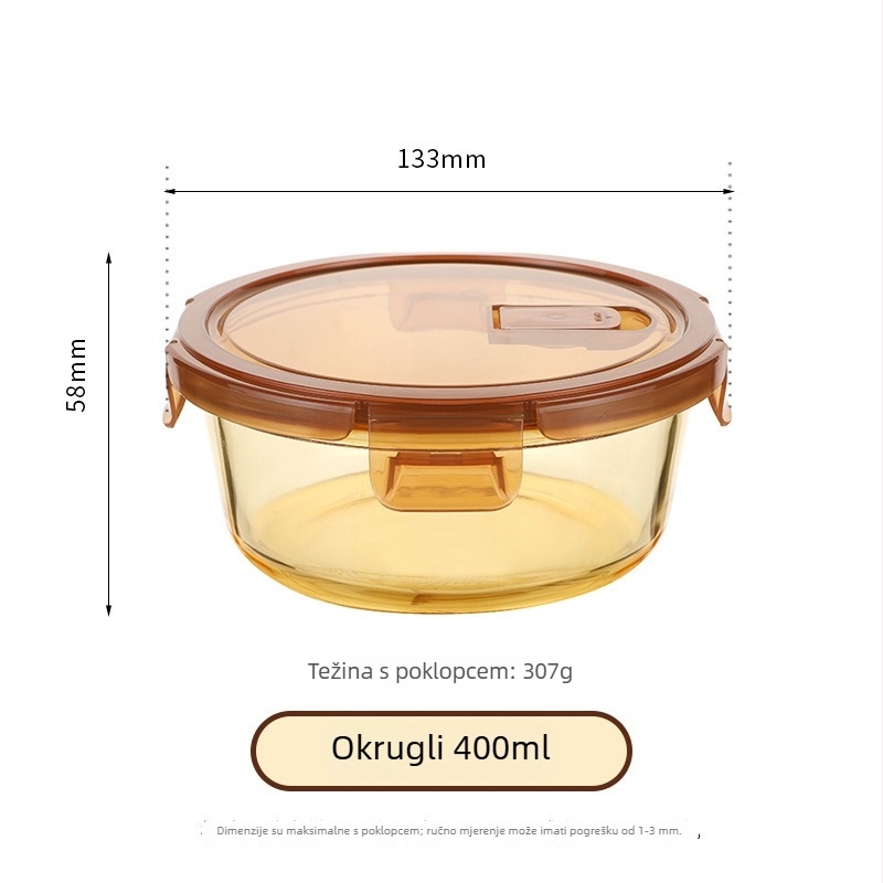 Jantarna staklena kutija za obrok, mikrovalna pećnica kompatibilna, zatvorena, 800-1000 ml, za ured i školu