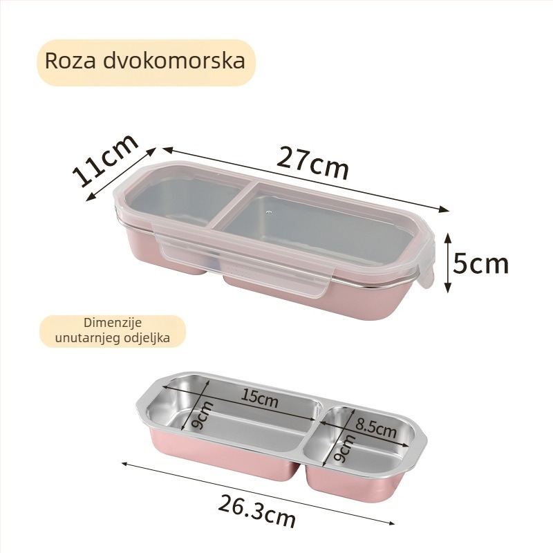 Kutija za ručak s pregradama od nehrđajućeg čelika 304, brtveni poklopac protiv mirisa i izlijevanja, kapacitet 501–800 ml
