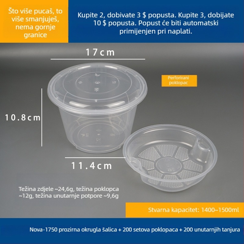 Dvostruki dvostruki posuda za juhu s gornjim i donjim odjeljkom, suho/mokro odjeljak, jednokratna zdjela za vruću juhu s wonton rezancima; Plastična • Nije pogodna za mikrovalnu pećnicu • Ispis logotipa moguć • Bruto težina oko 8 kg