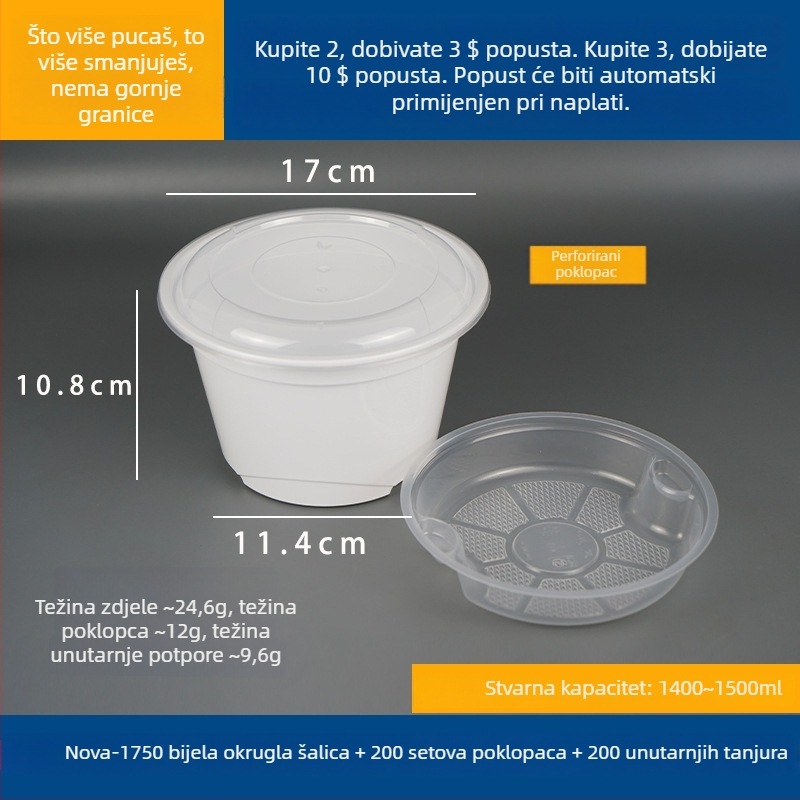 Dvostruki dvostruki posuda za juhu s gornjim i donjim odjeljkom, suho/mokro odjeljak, jednokratna zdjela za vruću juhu s wonton rezancima; Plastična • Nije pogodna za mikrovalnu pećnicu • Ispis logotipa moguć • Bruto težina oko 8 kg