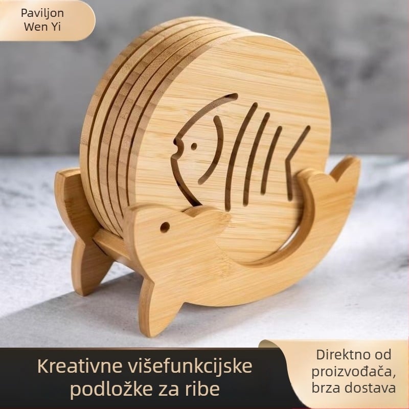 Podmetač za šalice i pločicu od drveta/bambusa, okrugli, karikatura dizajn, protuklizni, toplinska izolacija, moderni minimalistički stil