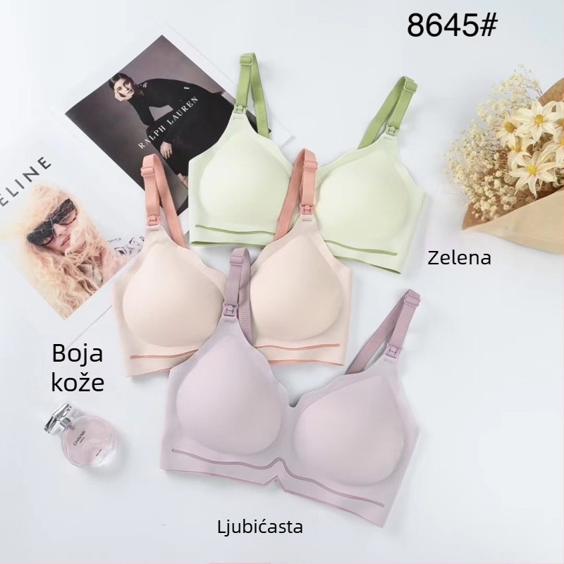 Dojiljni grudnjak za majke: odvojive dvostruke naramenice, tanke oblikovane košarice, čipkasti rub, glavna tkanina najlon 80–90%, podstava od pamuka, bez čeličnih prstena