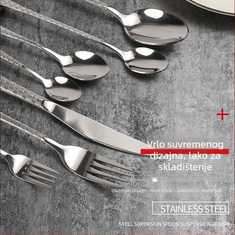 Tro-dijelni set pribora za steak: nož, vilica i žlica, od 201 nehrđajućeg čelika, drška s čekićastim uzorkom, retro stil, polirani sjaj