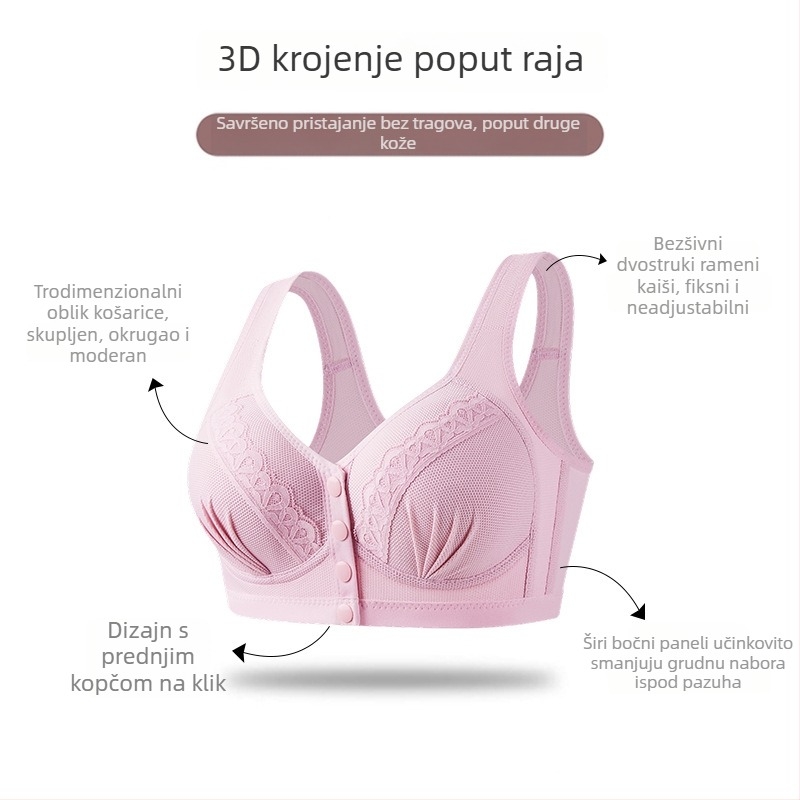 Grudnjak za žene srednje dobi, prednje kopčanje, čipka (puna košarica; tanke oblikovane košarice; prednje kopčanje; čipka; fiksni naramenice)