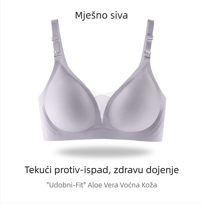 Trudnički i dojeni grudnjak, bezšivni, tanke oblikovane šalice, bez metalne ojačanja, fiksni dvostruki kaiševi, stražnje četiri-redno kopčanje, jednostavan i prirodan stil; glavni materijal 55% najlon; podstava 30–50% spandex