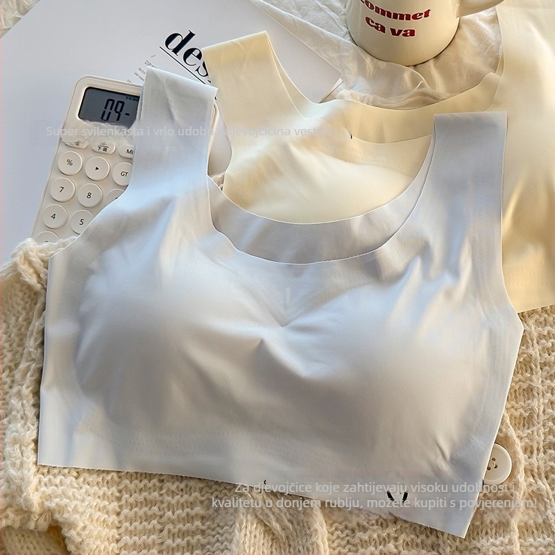 Ice Silk bezšavnu grudnjaku u stilu veste za žene, prozračna ljetna udobnost, šalice 1/4 s tankim oblikovanjem i podstavom od sendvič pamuka, podstava poliester 30–50%, bez metalnih okova, fiksni dvostruki remeni