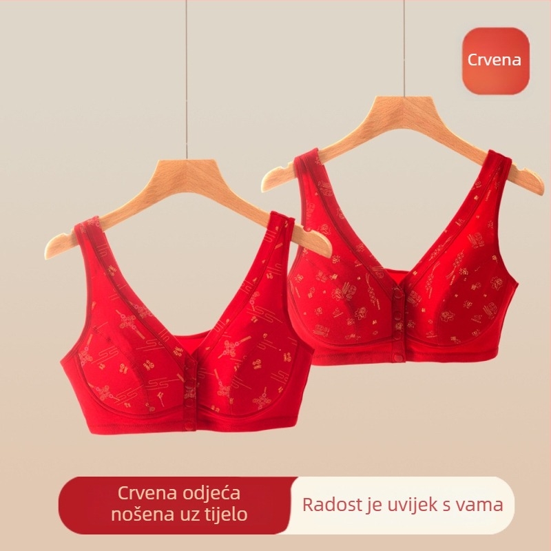 Crveni pamučni grudnjak s prednjim kopčanjem, stil veste, za žene u godini zodijaka; pogodan za majke u zreloj dobi, žene srednje dobi i starije žene, bez žice
