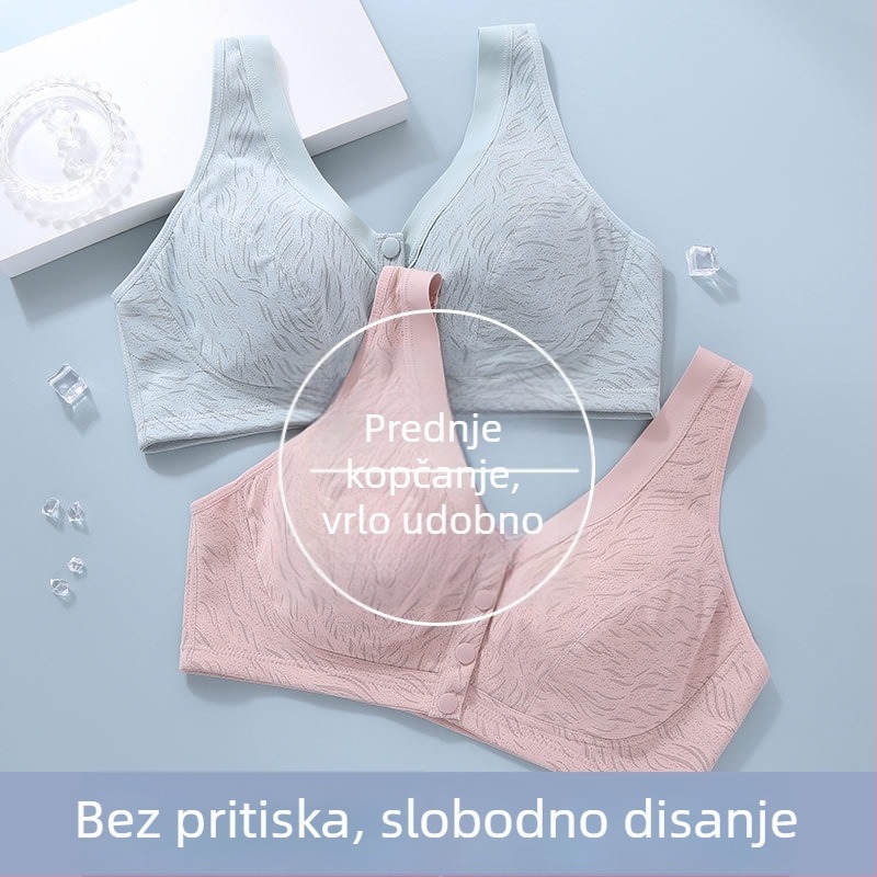 Ženski grudnjak s prednjim zatvaranjem, bez žice, potpuno pokriveni, tanke oblikovane košarice od najlona, glavni materijal pamuk, podstava pamuk, dvostruke fiksne naramenice