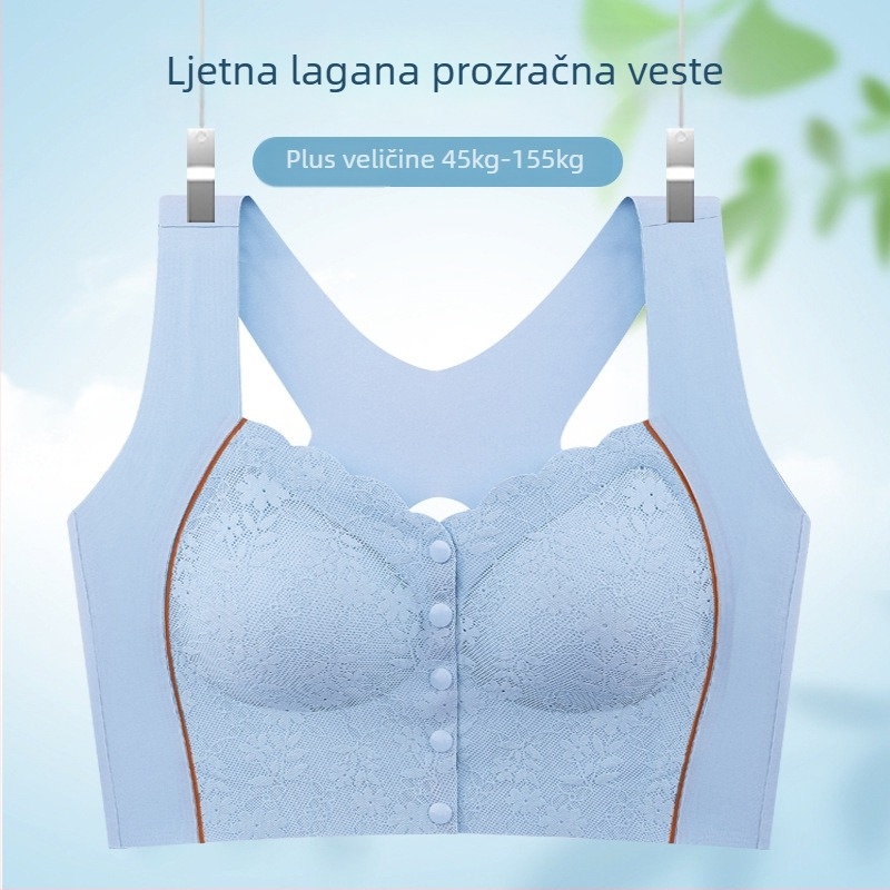 Grudnjak bez žice s prednjim zatvaračem, čipka, dugi vest-stil, puna cupa, materijal Ice Silk najlon