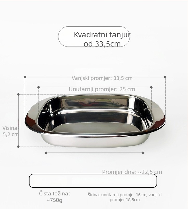 Mind posuda za pečenje od nehrđajućeg čelika – kvadratna, mikrovalna kompatibilnost, prilagodljiva obrada