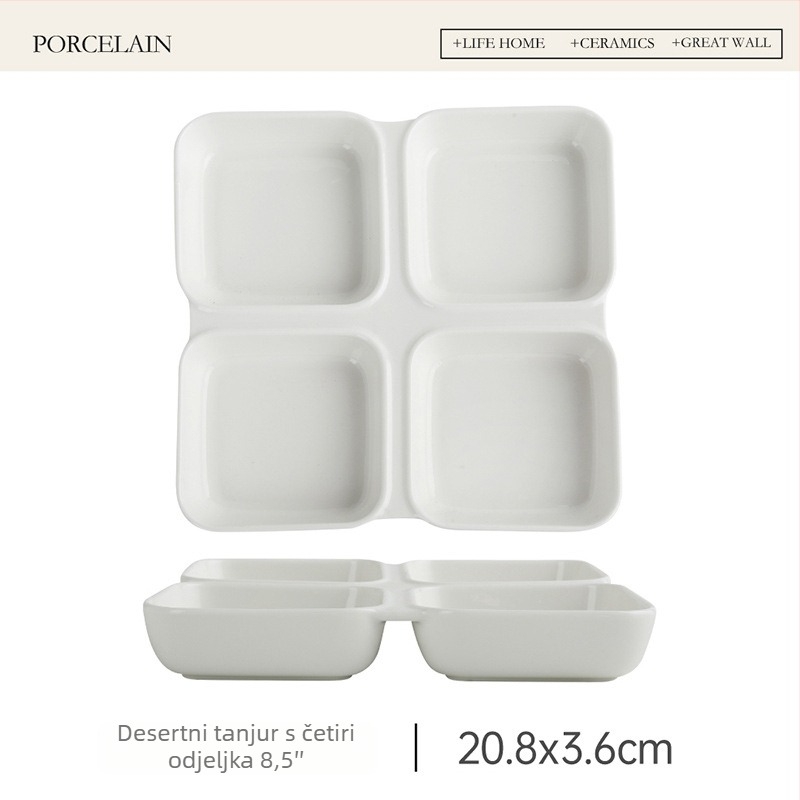Porcelanski desertni tanjur, kvadratnog oblika, s četiri pretinca, mikrovalna sigurnost, ispis logotipa i prilagodba dostupni