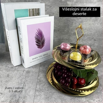 Nerđajući čelik dvostruki stalak za deserte s kružnim tanjurićem za voće, moderan jednostavan stil