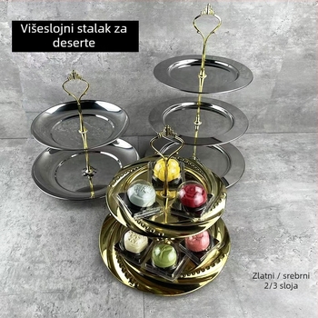Nerđajući čelik dvostruki stalak za deserte s kružnim tanjurićem za voće, moderan jednostavan stil
