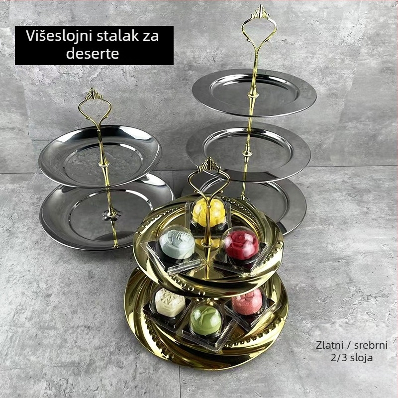 Nerđajući čelik dvostruki stalak za deserte s kružnim tanjurićem za voće, moderan jednostavan stil