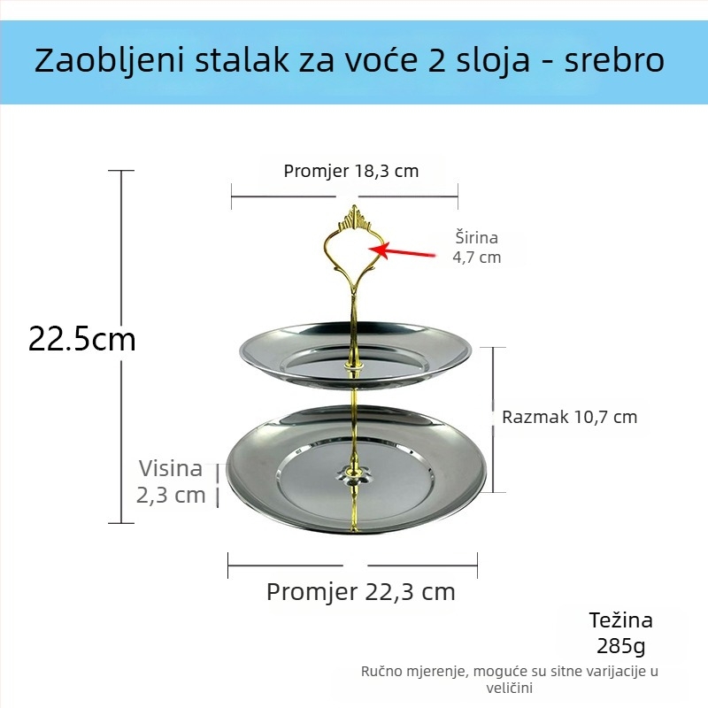 Nerđajući čelik dvostruki stalak za deserte s kružnim tanjurićem za voće, moderan jednostavan stil
