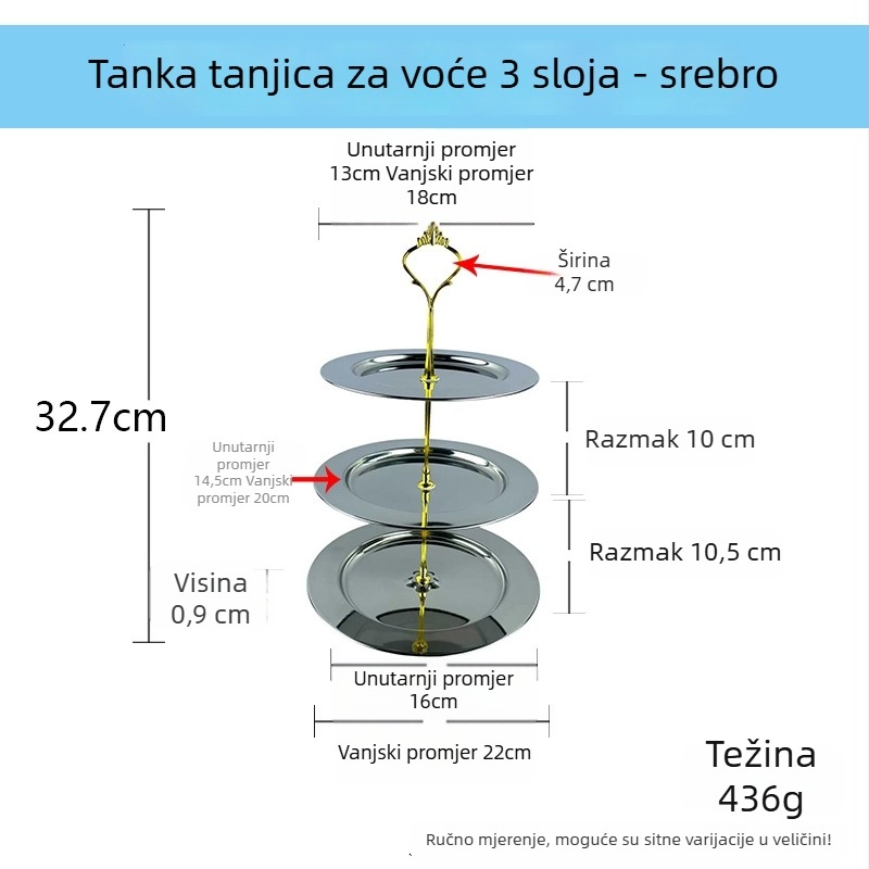 Nerđajući čelik dvostruki stalak za deserte s kružnim tanjurićem za voće, moderan jednostavan stil