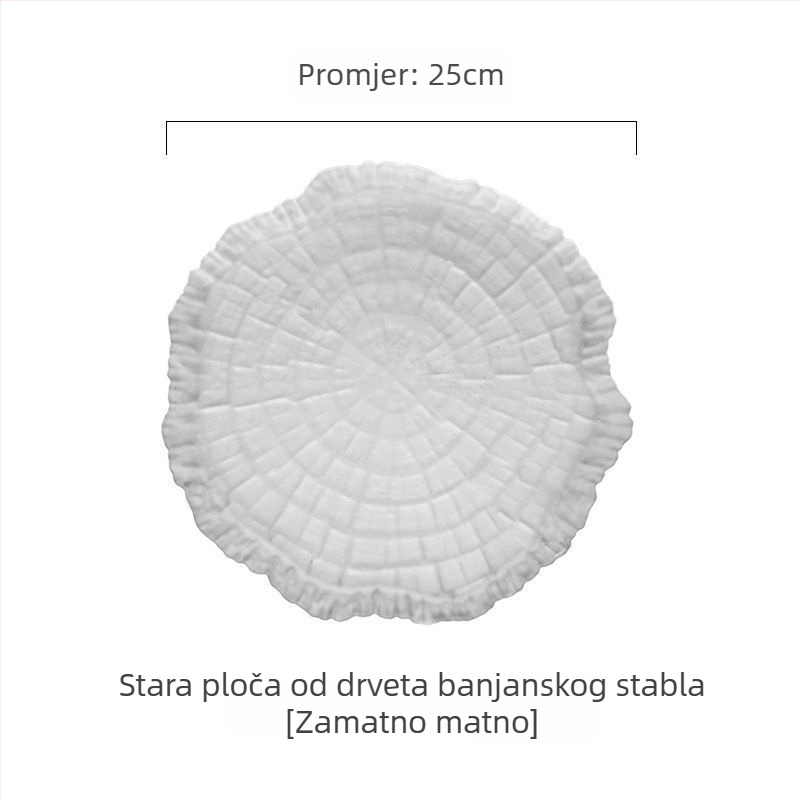 Pločasta posuda za voće i salatu — staklena, nepravilnog oblika, moderni minimalistički stil, površina s godišnjim prstenima (Pločasta posuda za voće i salatu; Staklena; Nepravilnog oblika; Moderni minimalistički stil; Površina s godišnjim prstenima)