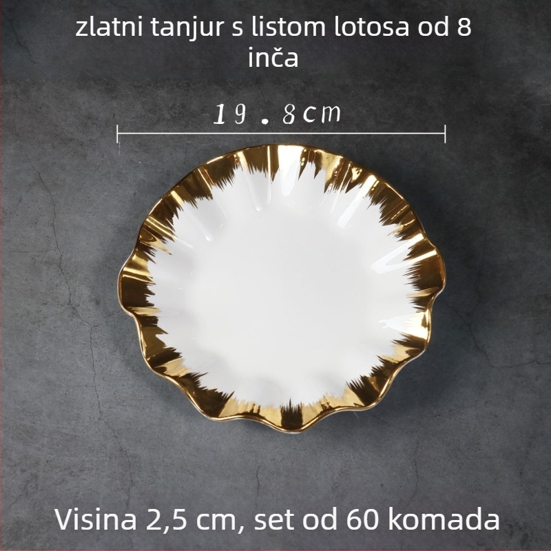 Porcelanski tanjur u obliku lišća lotosa s pozlaćenim obrubom, elektroplatni završni sloj, nordijski stil
