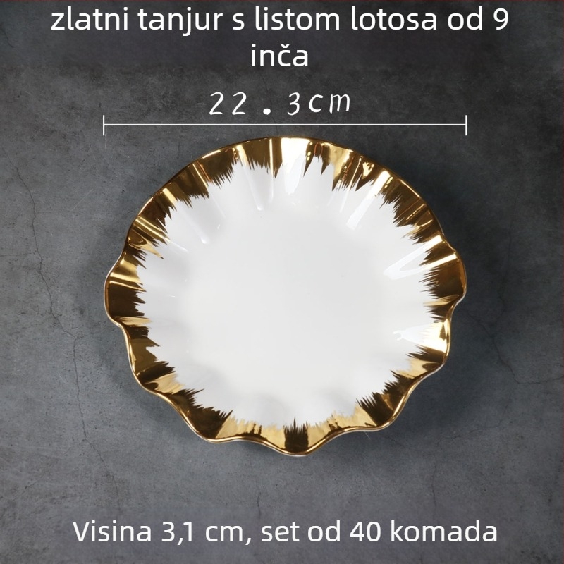 Porcelanski tanjur u obliku lišća lotosa s pozlaćenim obrubom, elektroplatni završni sloj, nordijski stil