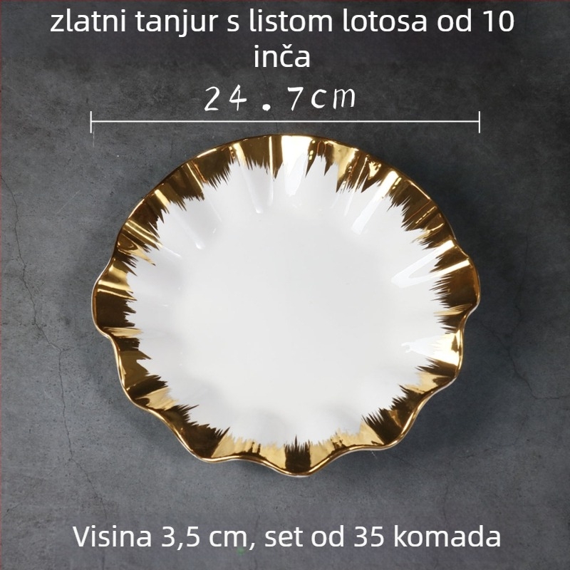 Porcelanski tanjur u obliku lišća lotosa s pozlaćenim obrubom, elektroplatni završni sloj, nordijski stil