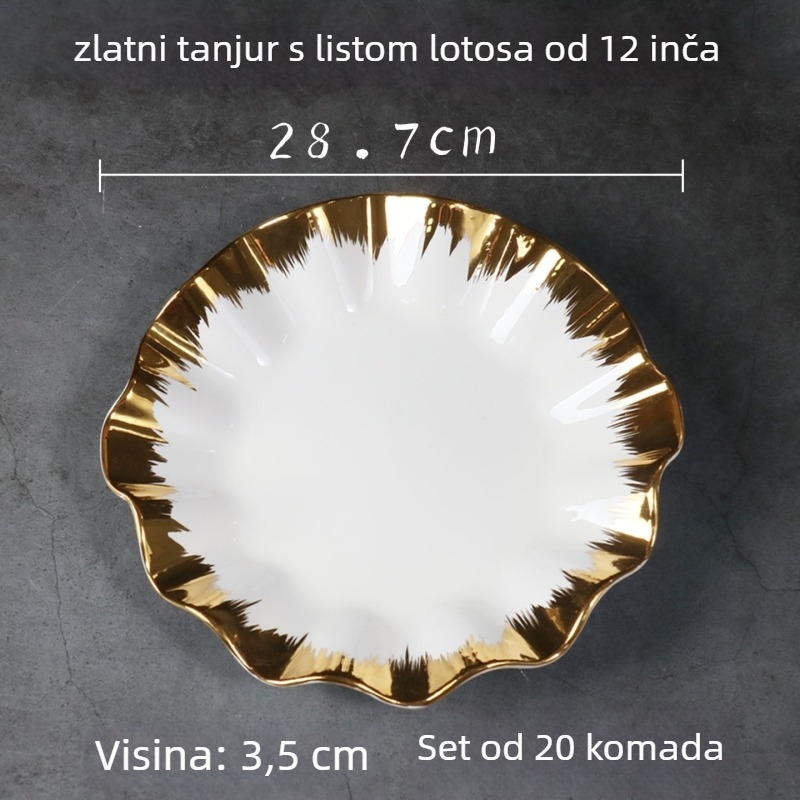 Porcelanski tanjur u obliku lišća lotosa s pozlaćenim obrubom, elektroplatni završni sloj, nordijski stil