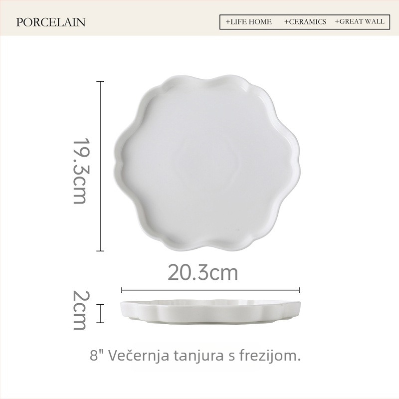 Porcelanski set plitkih tanjura s nepravilnim rubom čipke, modern minimalistički dizajn, pogodan za mikrovalnu, boja ispod glazure