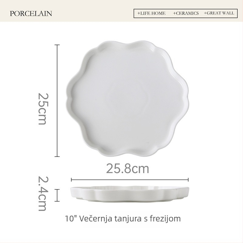 Porcelanski set plitkih tanjura s nepravilnim rubom čipke, modern minimalistički dizajn, pogodan za mikrovalnu, boja ispod glazure
