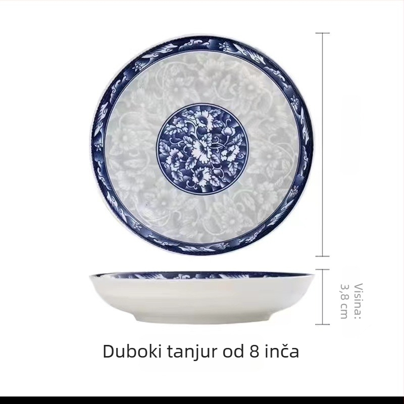 Keramički set tanjura s tradicionalnim porculanskim motivom, okrugli oblik, pod-glazura završna obrada, tisak logotipa i mogućnost prilagodbe