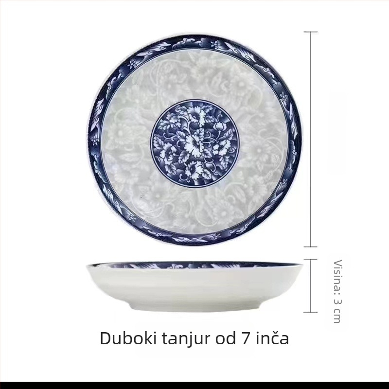 Keramički set tanjura s tradicionalnim porculanskim motivom, okrugli oblik, pod-glazura završna obrada, tisak logotipa i mogućnost prilagodbe