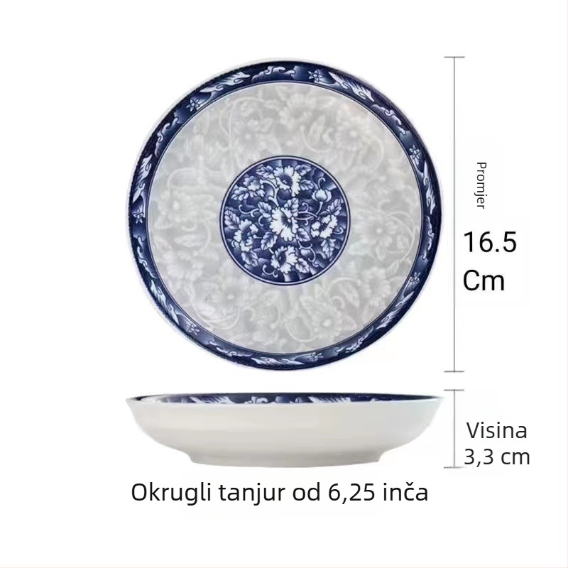 Keramički set tanjura s tradicionalnim porculanskim motivom, okrugli oblik, pod-glazura završna obrada, tisak logotipa i mogućnost prilagodbe