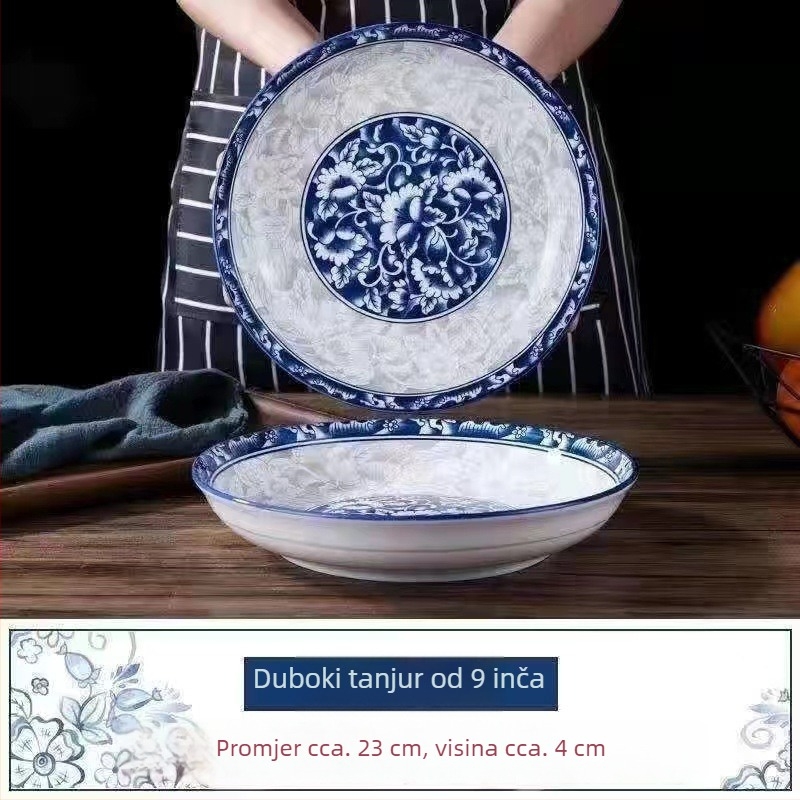 Keramički set tanjura s tradicionalnim porculanskim motivom, okrugli oblik, pod-glazura završna obrada, tisak logotipa i mogućnost prilagodbe