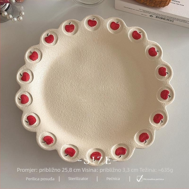 Ploški keramički tanjur s čipkastim rubom, crtani motiv, sladak stil, premaz glazurom