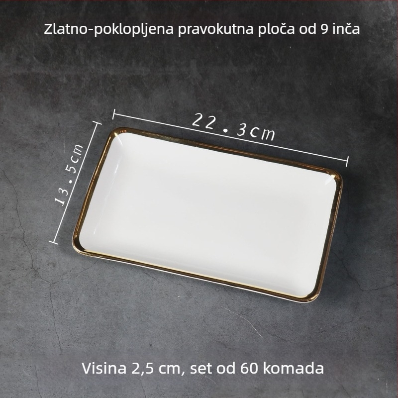 Porcelanski pravokutni tanjur sa zlatnim rubom, skandinavski minimalistički stil, elektroplating površina