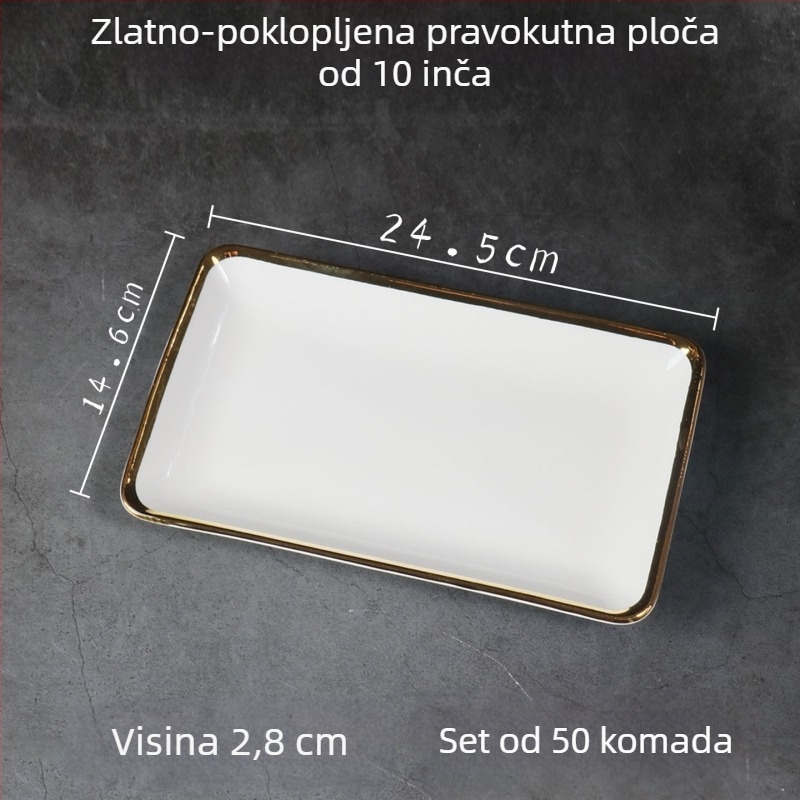 Porcelanski pravokutni tanjur sa zlatnim rubom, skandinavski minimalistički stil, elektroplating površina