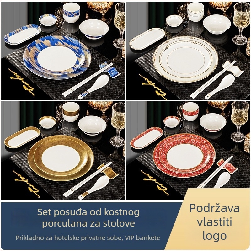 Komplet hotelskog posuđa od kostnog porculana, Jingdezhen, zlatni rub, 2 kompleta, uključuje zdjele, tanjure, šalice, žlice, držače za štapiće i štapiće