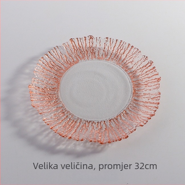 Stakleni tanjur za voće - prugasti uzorak, zlatni rub, okrugli oblik, moderni minimalistički stil, plosnati tanjur