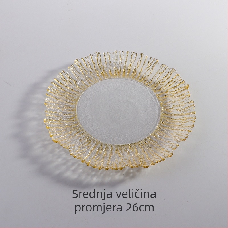 Stakleni tanjur za voće - prugasti uzorak, zlatni rub, okrugli oblik, moderni minimalistički stil, plosnati tanjur
