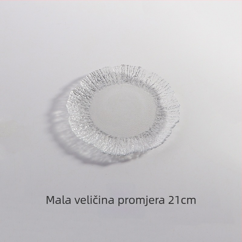 Stakleni tanjur za voće - prugasti uzorak, zlatni rub, okrugli oblik, moderni minimalistički stil, plosnati tanjur