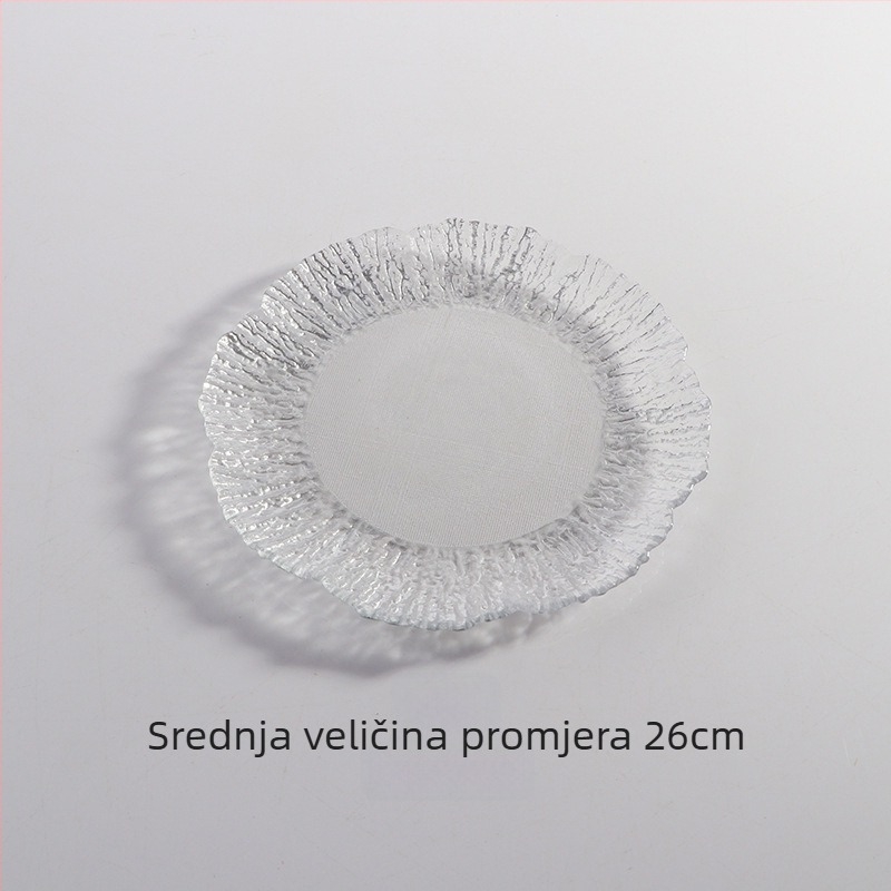 Stakleni tanjur za voće - prugasti uzorak, zlatni rub, okrugli oblik, moderni minimalistički stil, plosnati tanjur