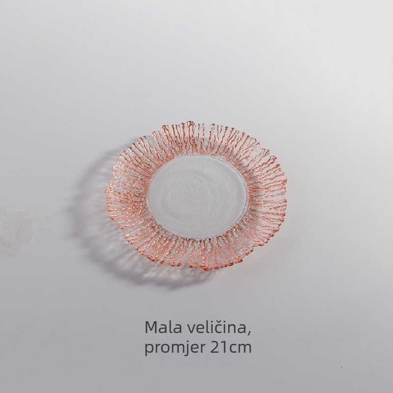 Stakleni tanjur za voće - prugasti uzorak, zlatni rub, okrugli oblik, moderni minimalistički stil, plosnati tanjur