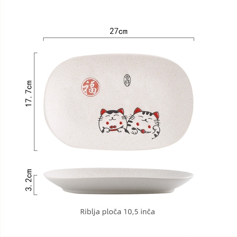 Deset ručno oslikanih japanskih keramičkih posuđa s motivom Maneki-Neko, okrugli tanjuri i zdjele, keramika, ručno oslikana površina, otporno na mikrovalnu