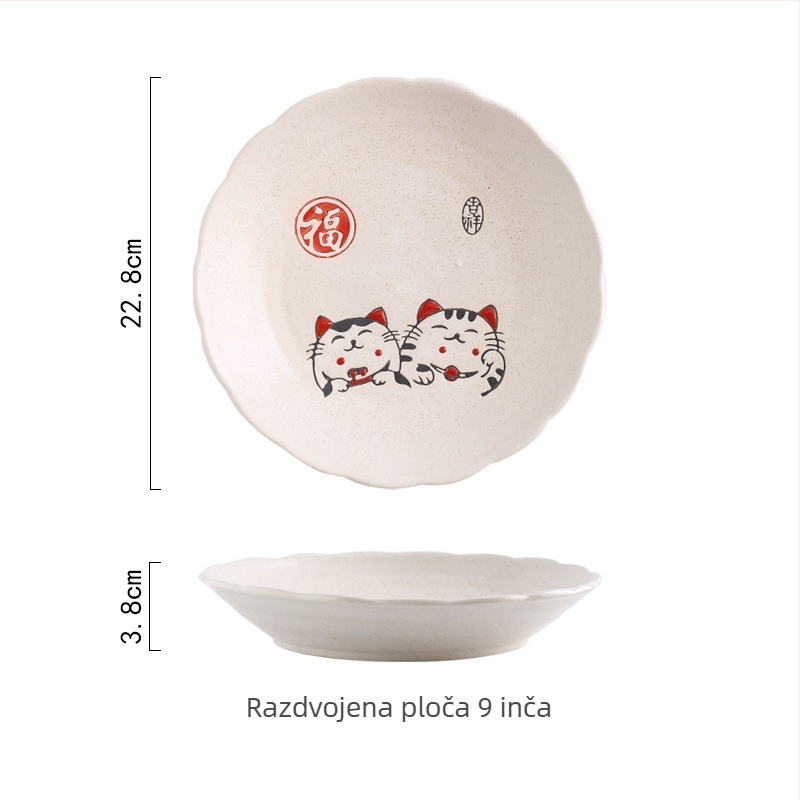 Deset ručno oslikanih japanskih keramičkih posuđa s motivom Maneki-Neko, okrugli tanjuri i zdjele, keramika, ručno oslikana površina, otporno na mikrovalnu