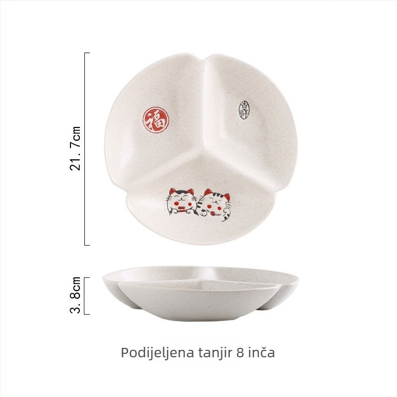 Deset ručno oslikanih japanskih keramičkih posuđa s motivom Maneki-Neko, okrugli tanjuri i zdjele, keramika, ručno oslikana površina, otporno na mikrovalnu