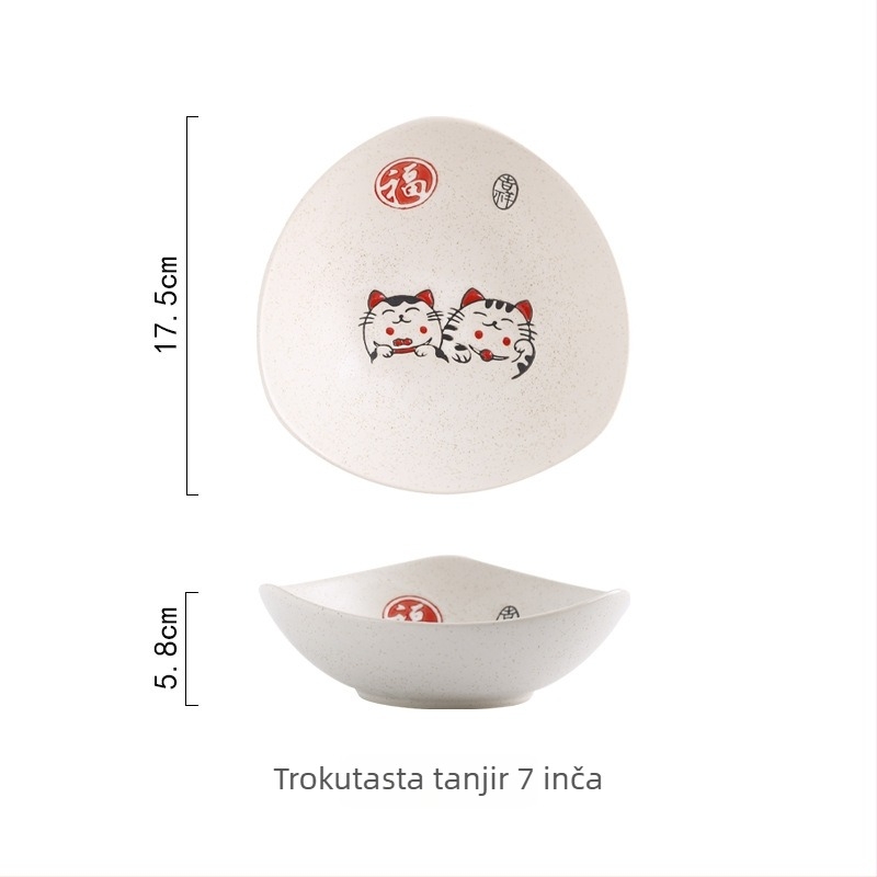 Deset ručno oslikanih japanskih keramičkih posuđa s motivom Maneki-Neko, okrugli tanjuri i zdjele, keramika, ručno oslikana površina, otporno na mikrovalnu