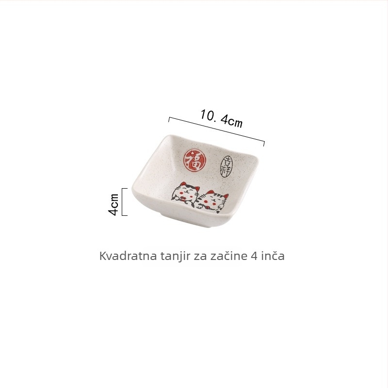 Deset ručno oslikanih japanskih keramičkih posuđa s motivom Maneki-Neko, okrugli tanjuri i zdjele, keramika, ručno oslikana površina, otporno na mikrovalnu