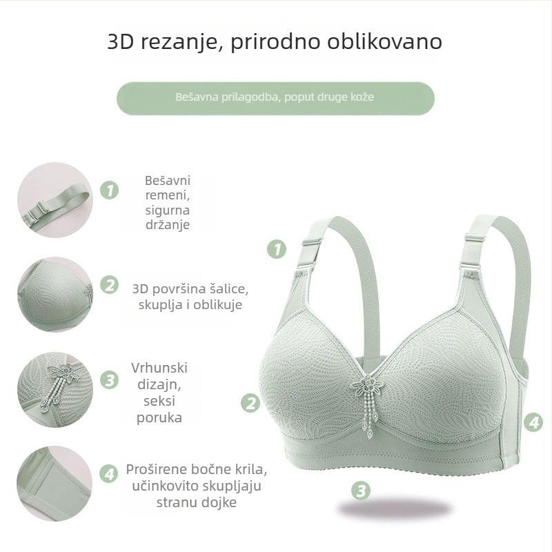 Plus-size grudnjak bez žice, s 3/4 košarom, tankim kalupom, bočno podizanje, push-up, čipkaste naramenice, stražnje četiri kopče