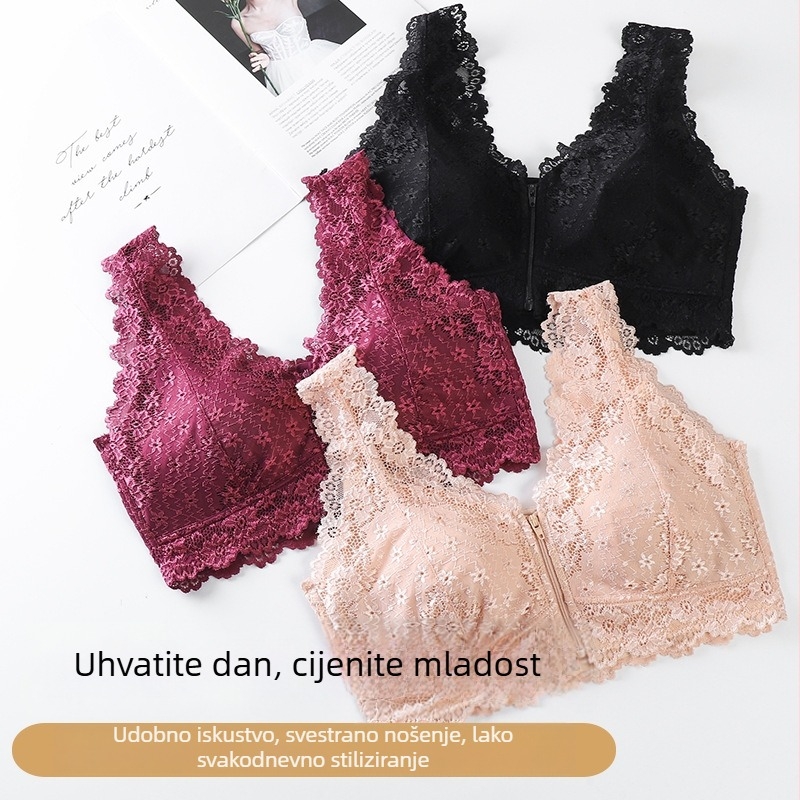 Ženski čipkasti grudnjak s prednjim zatvaranjem i zatvaračem, push-up, bez žica, tanke oblikovane košarice, lijep leđa, velika veličina