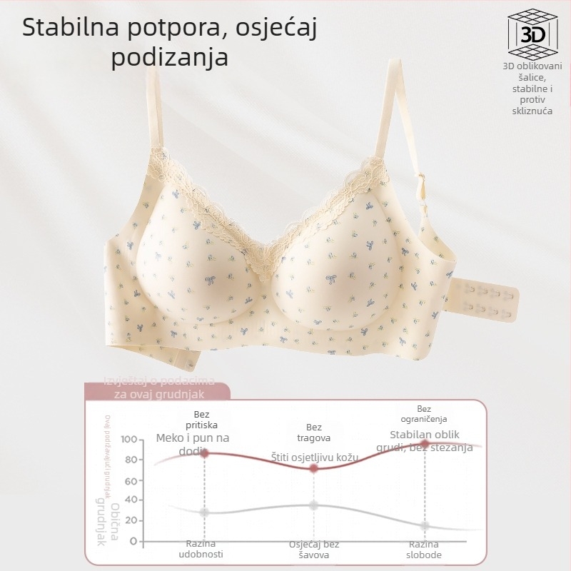 Ženski push-up grudnjak s čipkastim cvjetnim uzorkom, 3/4 košarica, tanke oblikovane košarice, fiksne naramenice, stražnje dvostruko zatvaranje