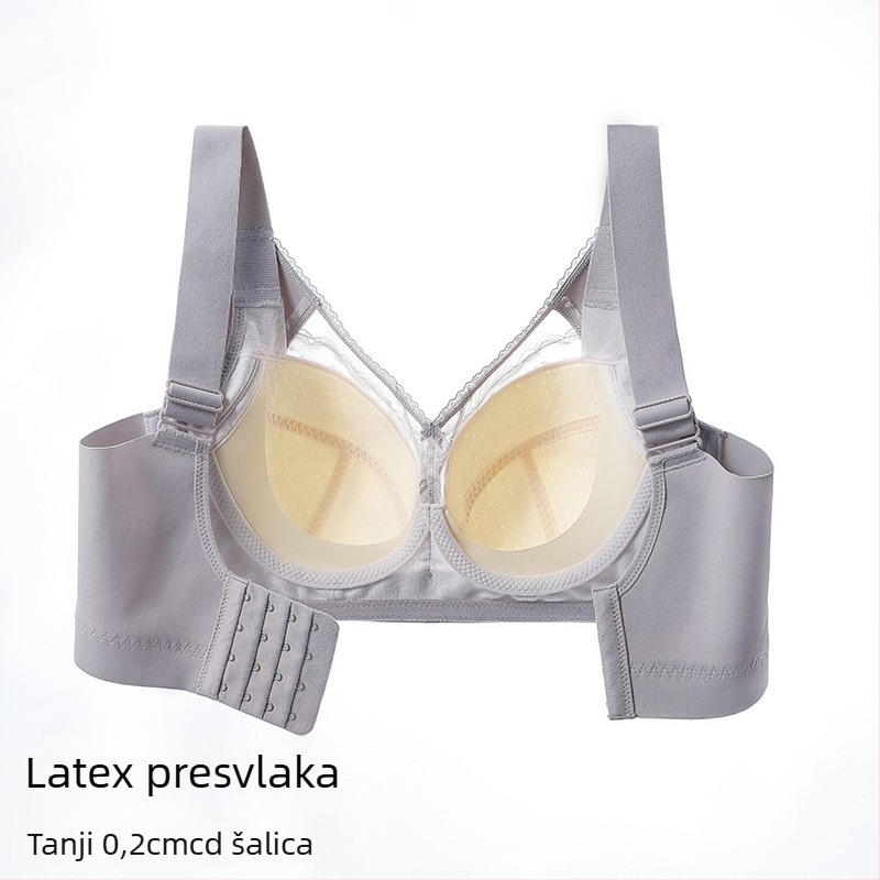 Grudnjak s latexnim čašicama, ultra-tanki dizajn; bočno zatvaranje i skupljanje grudi; prozračan, upija znoj; stražnje kopče s četiri reda kukica; čipkana najlon tkanina.